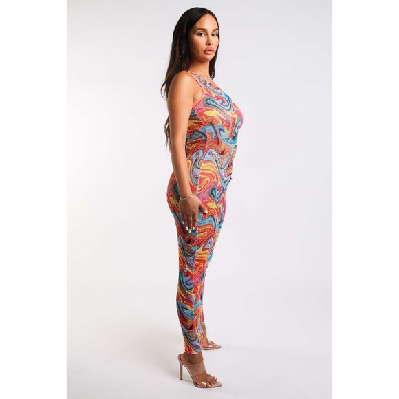 Womens Marble Print Fishnet Cut-Out Midi Long Dress Bodycon Sleeveless Crew Neck - Picture 4 of 12